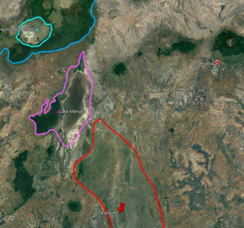 A map showing the size of Lake Manyara National Park, Tanzania